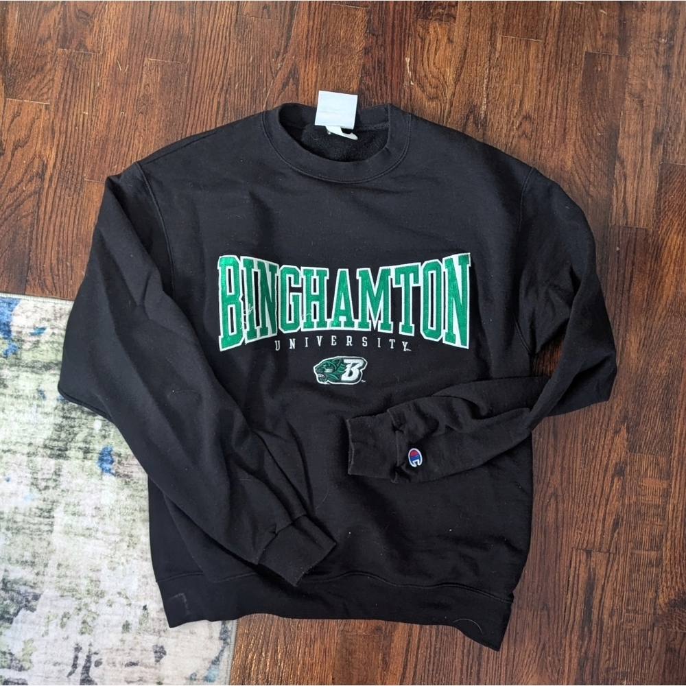 Champion Black Crewneck with Green Binghamton University Logo